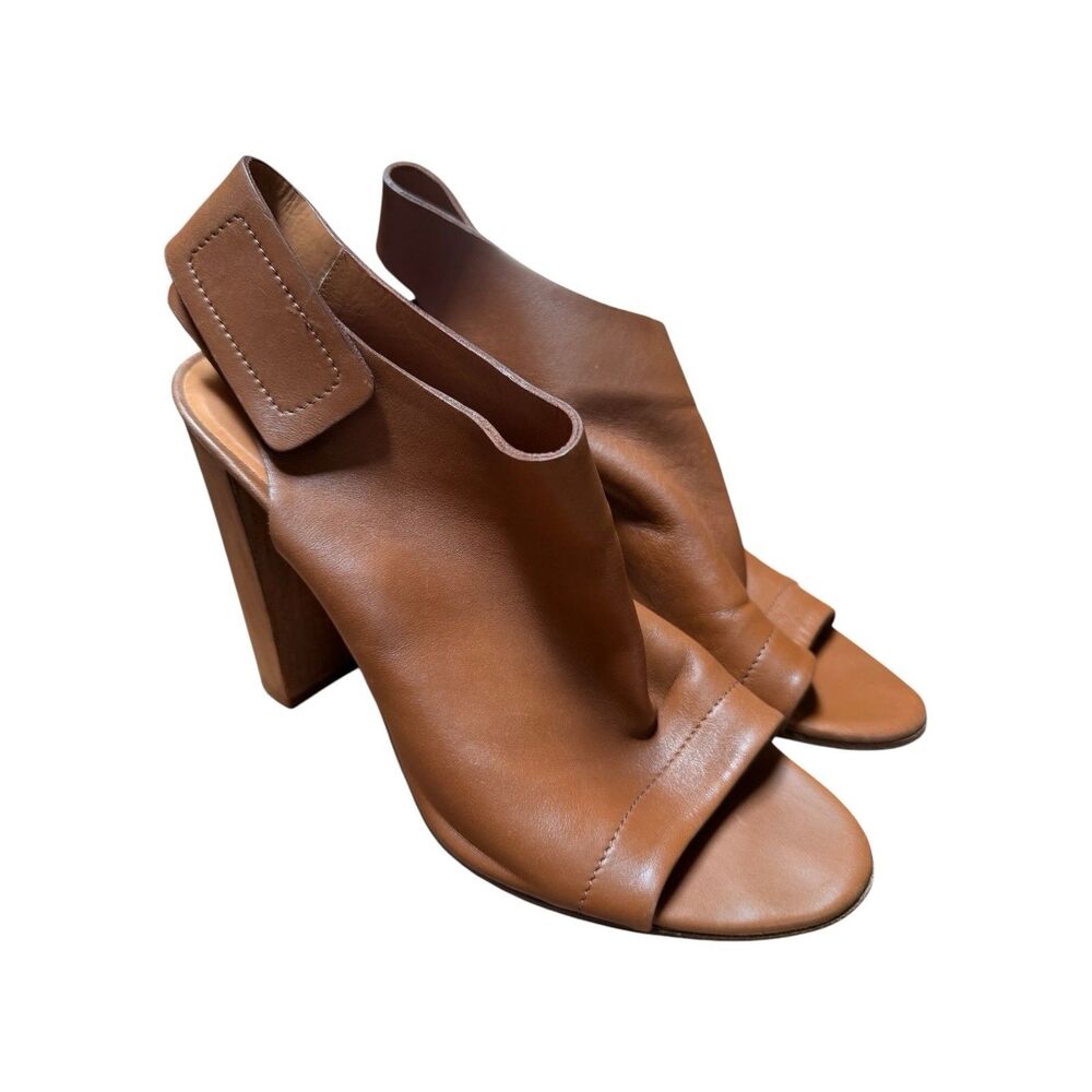 VINCE Camel Leather Faye Open Toe Booties High Heels Sz 9.5 Slingback Italy